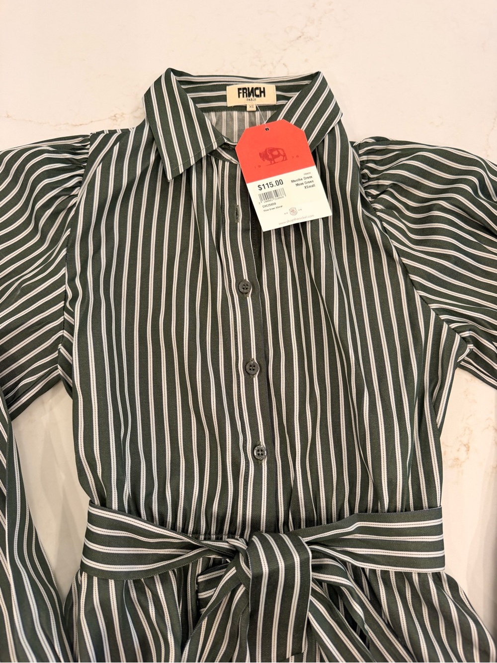 NWT FRNCH Paris Menthe Dress XS Moss Green Striped Button Front Tie Waist Midi - Picture 2 of 8